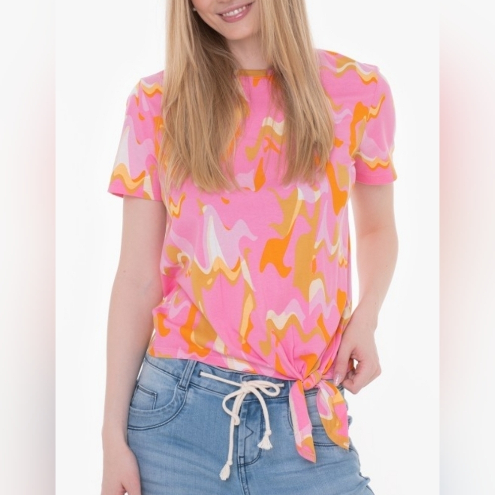 Tom Tailor Pink and Orange Camo Tie-front T Shirt S